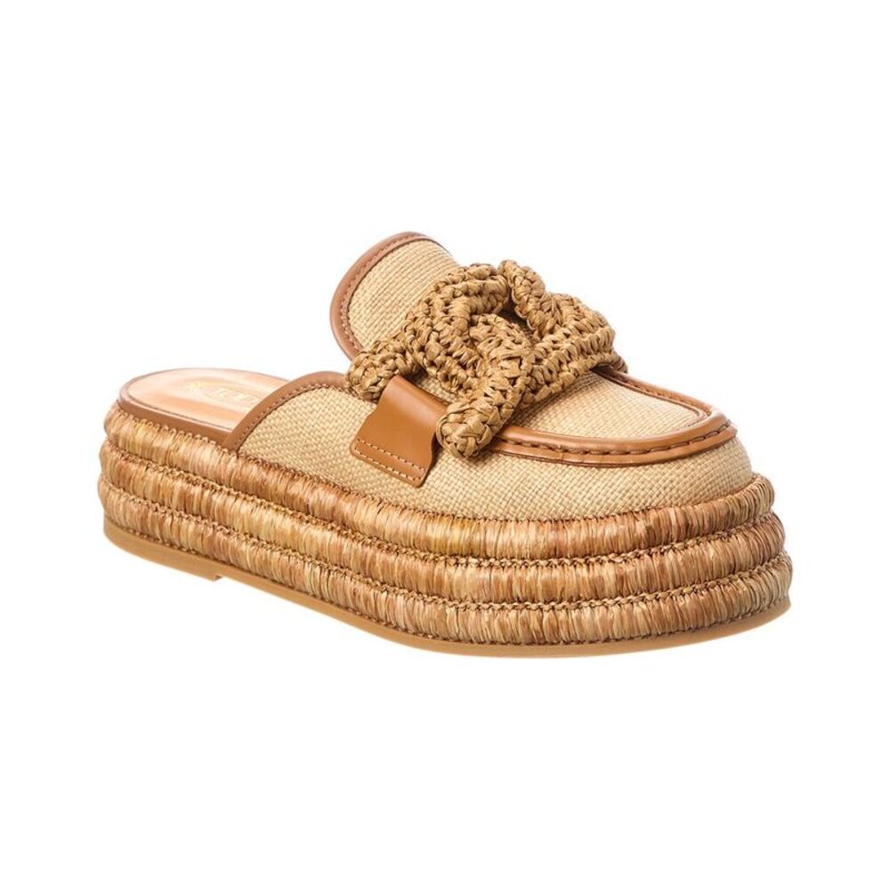 Tods Chain Link Detail Raffia & Leather Platform Mule